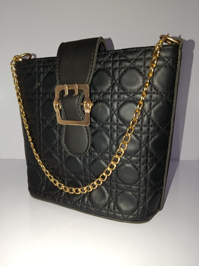 Trendy Black Quilted Crossbody Bag with Gold Chain & Buckle