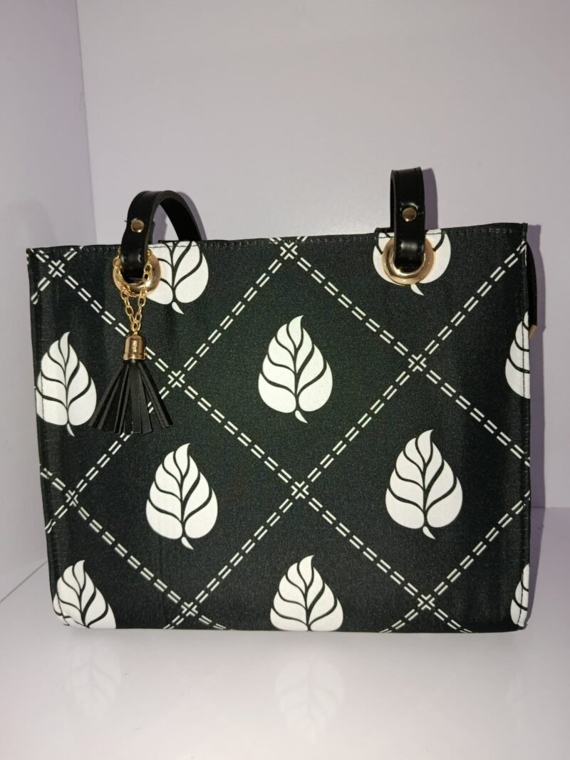Black and White Leaf Print Canvas Tote Bag with Tassel