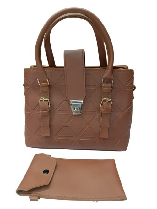 Brown Shoulder Bag with Geometric Pattern and Pouch