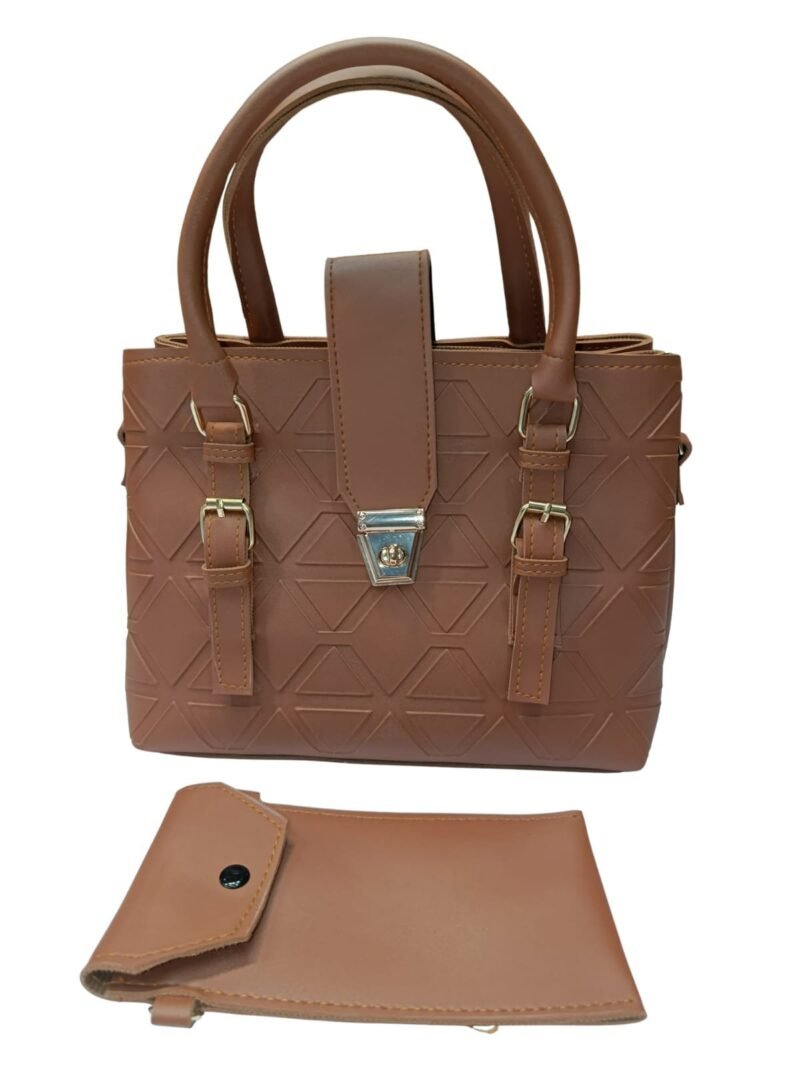 Brown Shoulder Bag with Geometric Pattern and Pouch