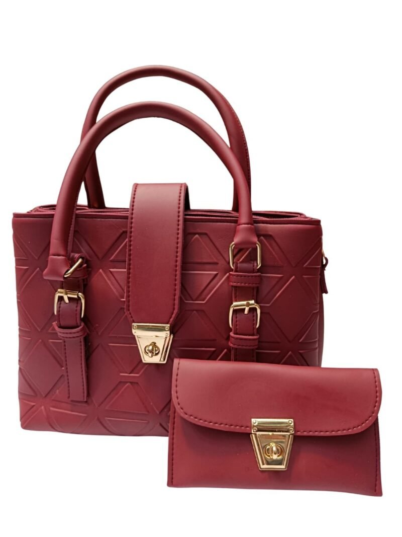 Maroon Shoulder Bag with Geometric Pattern and Pouch