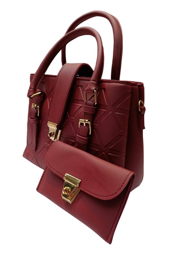 Maroon Shoulder Bag with Geometric Pattern and Pouch