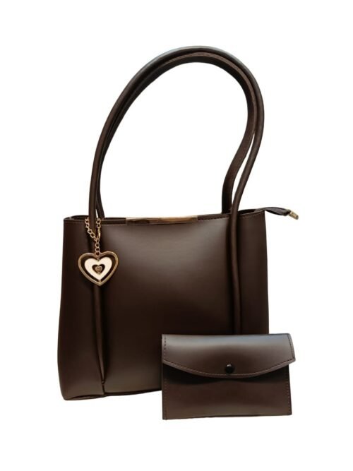 Brown Tote Bag with Heart Charm & Pouch