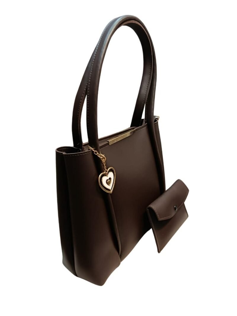 Brown Tote Bag with Heart Charm & Pouch