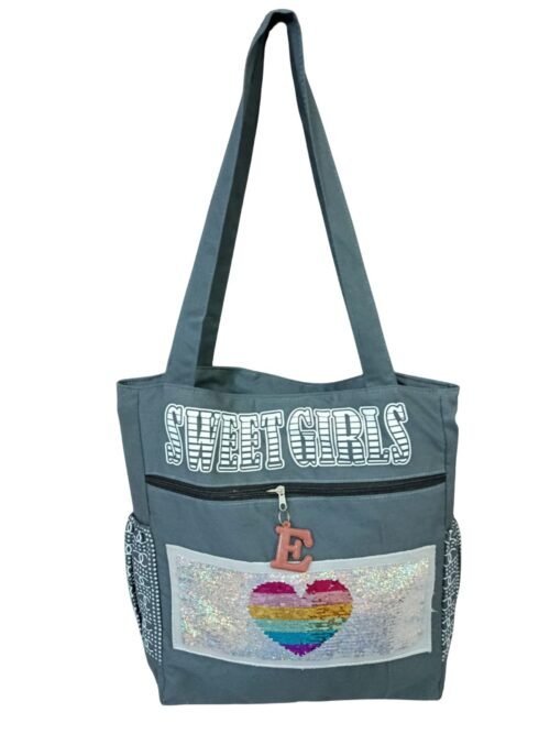 Grey Sequin Heart Tote Bag – Multi-Pocket Shoulder Bag