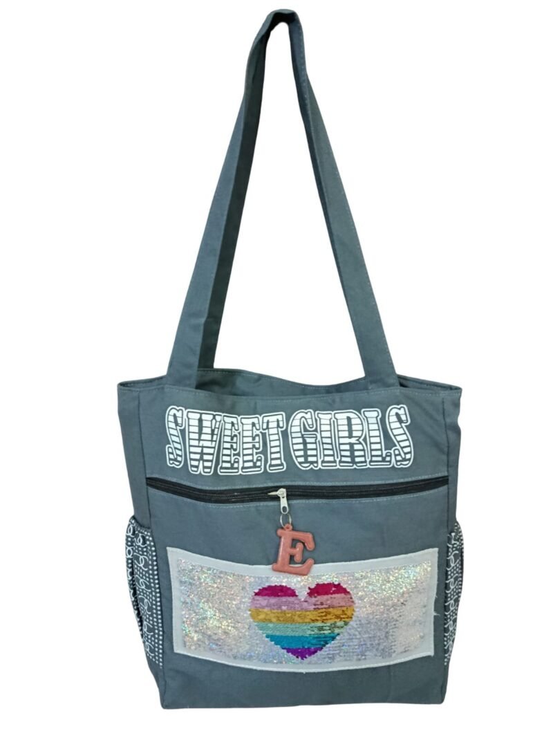 Grey Sequin Heart Tote Bag – Multi-Pocket Shoulder Bag