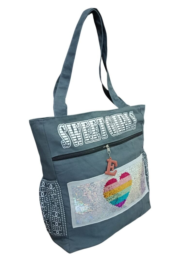 Grey Sequin Heart Tote Bag – Multi-Pocket Shoulder Bag