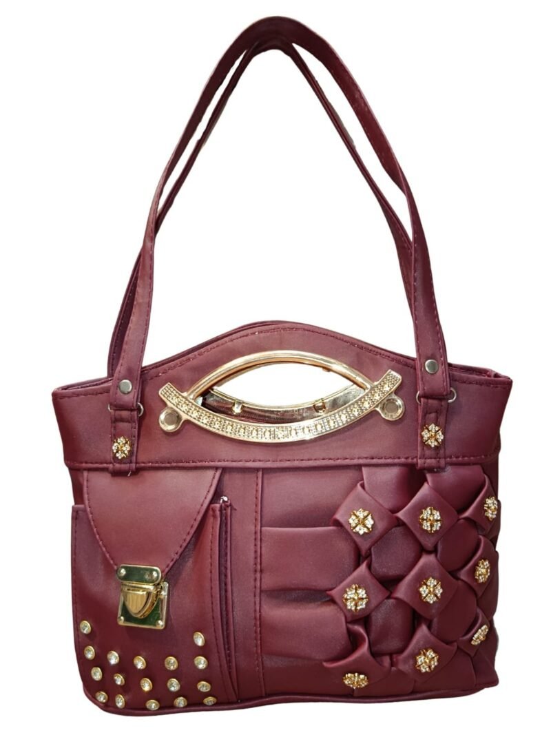 Maroon Designer Handbag for Women – Stylish Shoulder & Hand Carry Bag with Golden Detailing