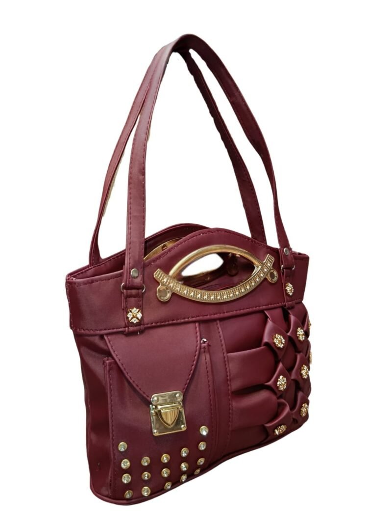 Maroon Designer Handbag for Women – Stylish Shoulder & Hand Carry Bag with Golden Detailing