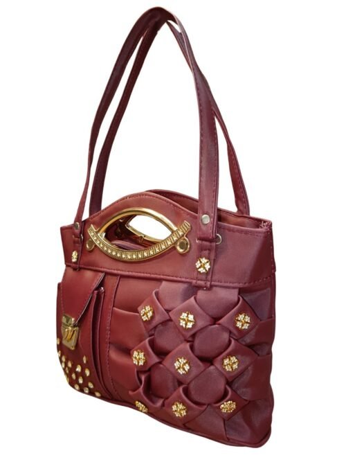 Maroon Designer Handbag for Women – Stylish Shoulder & Hand Carry Bag with Golden Detailing
