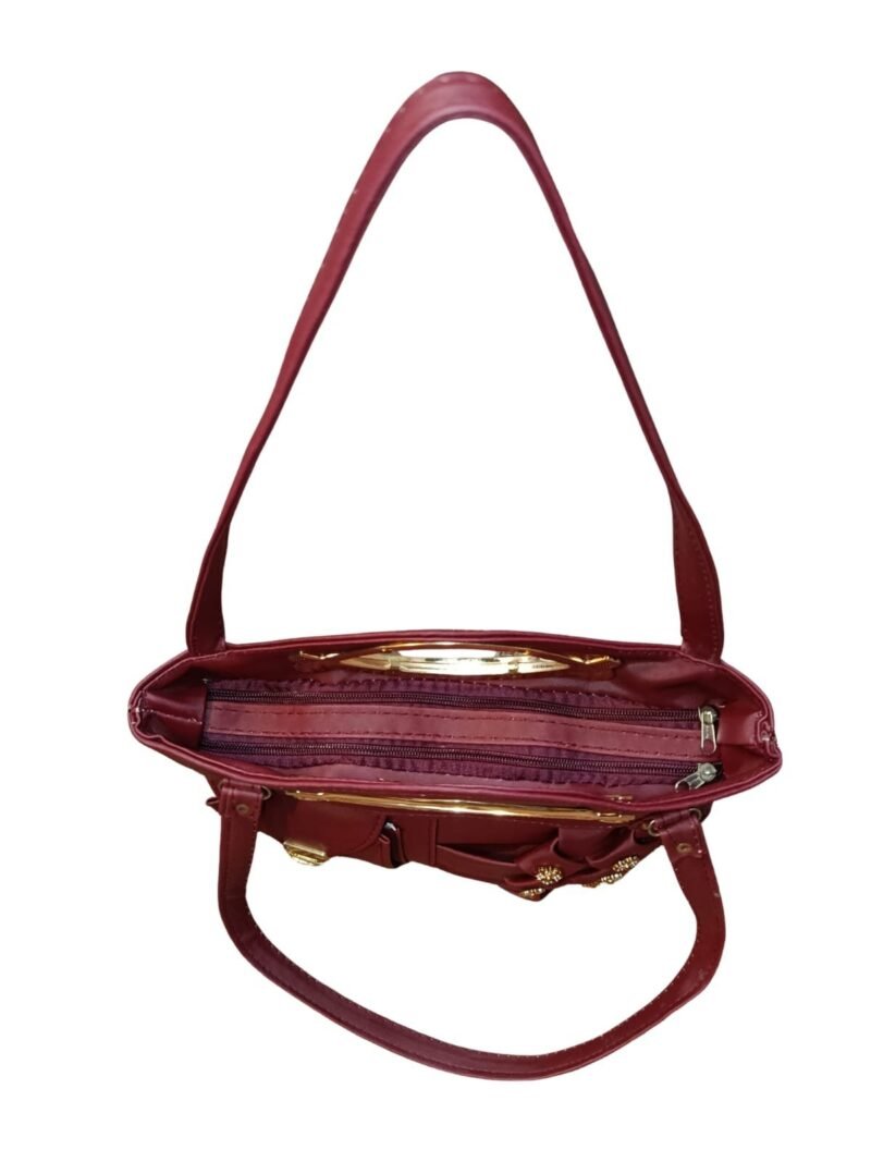 Maroon Designer Handbag for Women – Stylish Shoulder & Hand Carry Bag with Golden Detailing