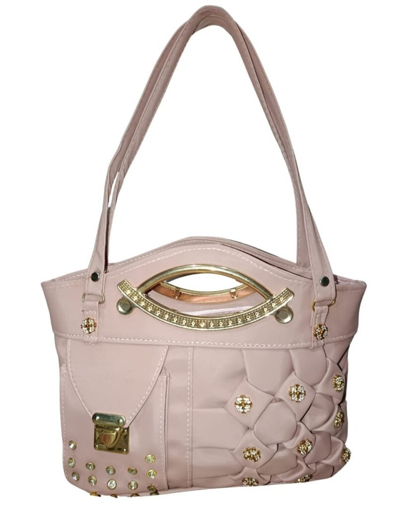 Tea-Pink Designer Handbag for Women – Stylish Shoulder & Hand Carry Bag with Golden Detailing