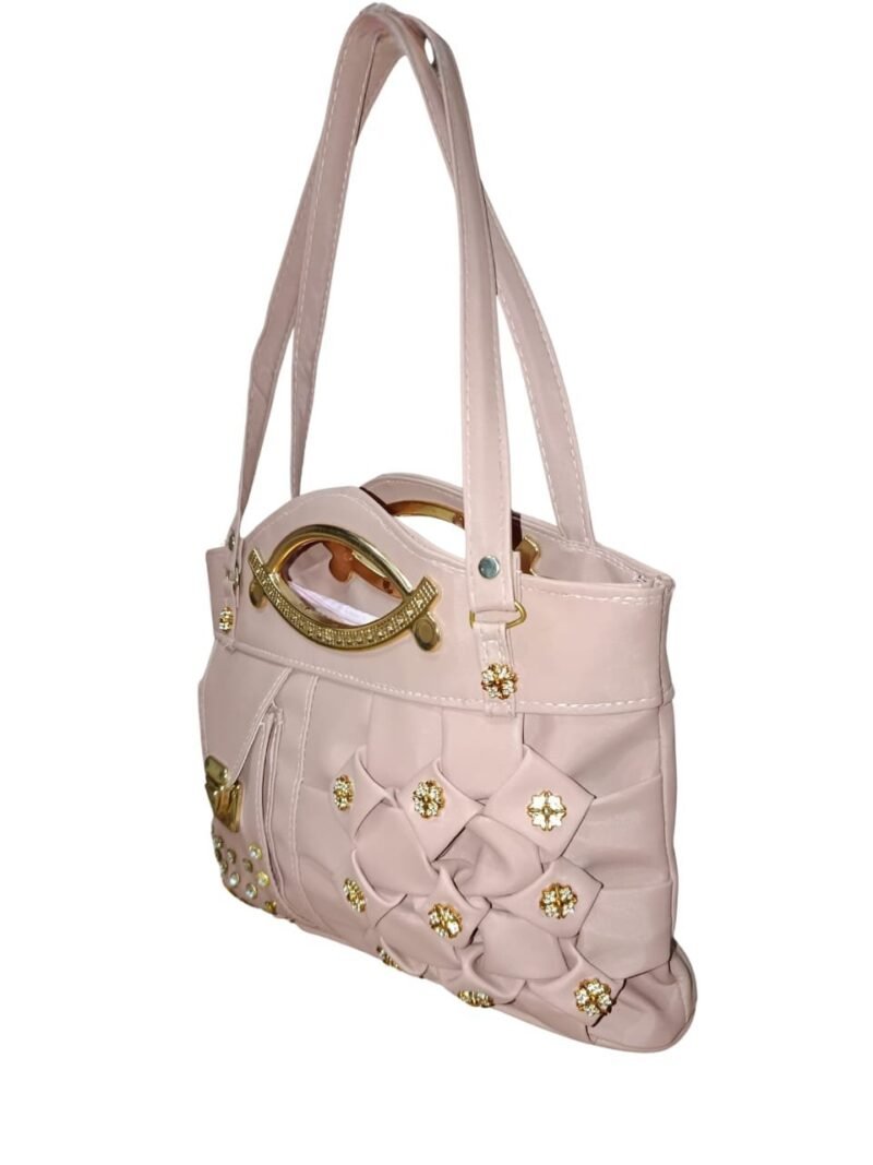 Tea-Pink Designer Handbag for Women – Stylish Shoulder & Hand Carry Bag with Golden Detailing