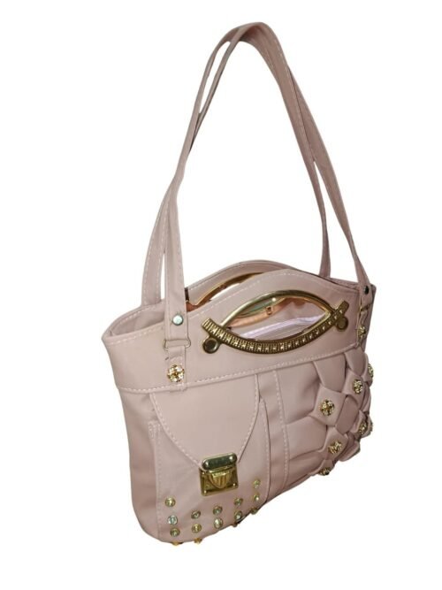 Tea-Pink Designer Handbag for Women – Stylish Shoulder & Hand Carry Bag with Golden Detailing