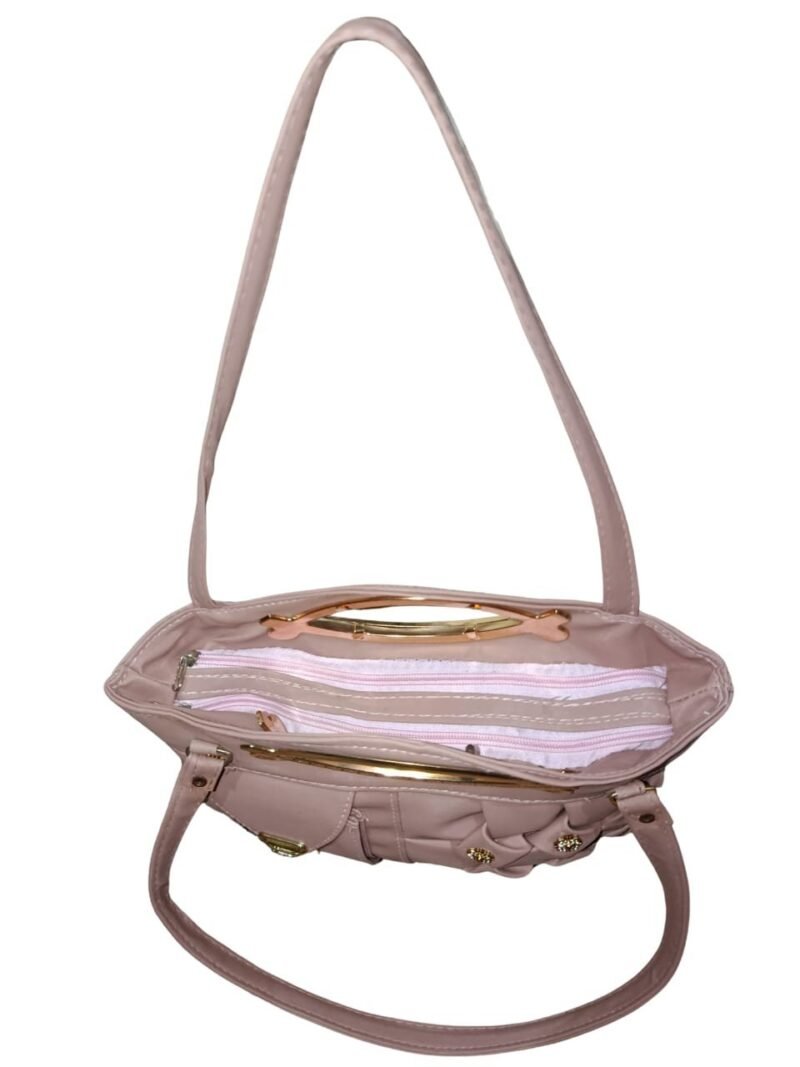 Tea-Pink Designer Handbag for Women – Stylish Shoulder & Hand Carry Bag with Golden Detailing