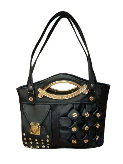 Black Designer Handbag for Women – Stylish Shoulder & Hand Carry Bag with Golden Detailing