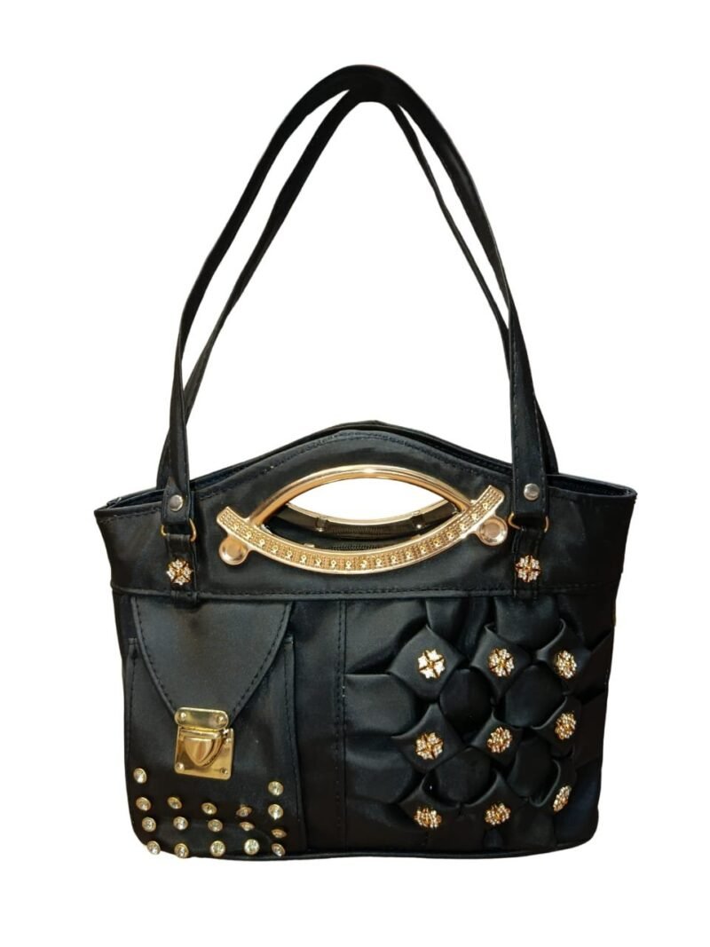 Black Designer Handbag for Women – Stylish Shoulder & Hand Carry Bag with Golden Detailing