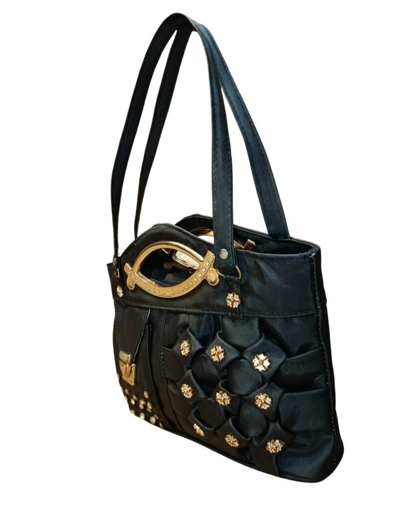 Black Designer Handbag for Women – Stylish Shoulder & Hand Carry Bag with Golden Detailing