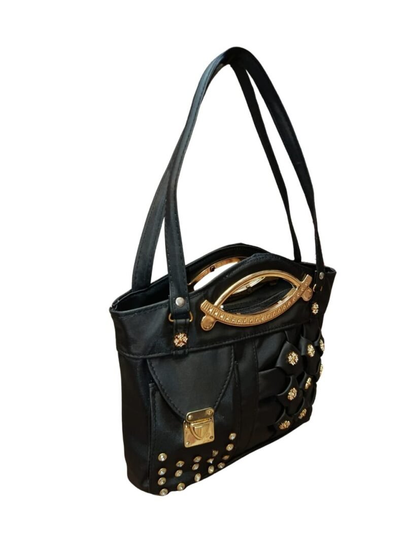 Black Designer Handbag for Women – Stylish Shoulder & Hand Carry Bag with Golden Detailing