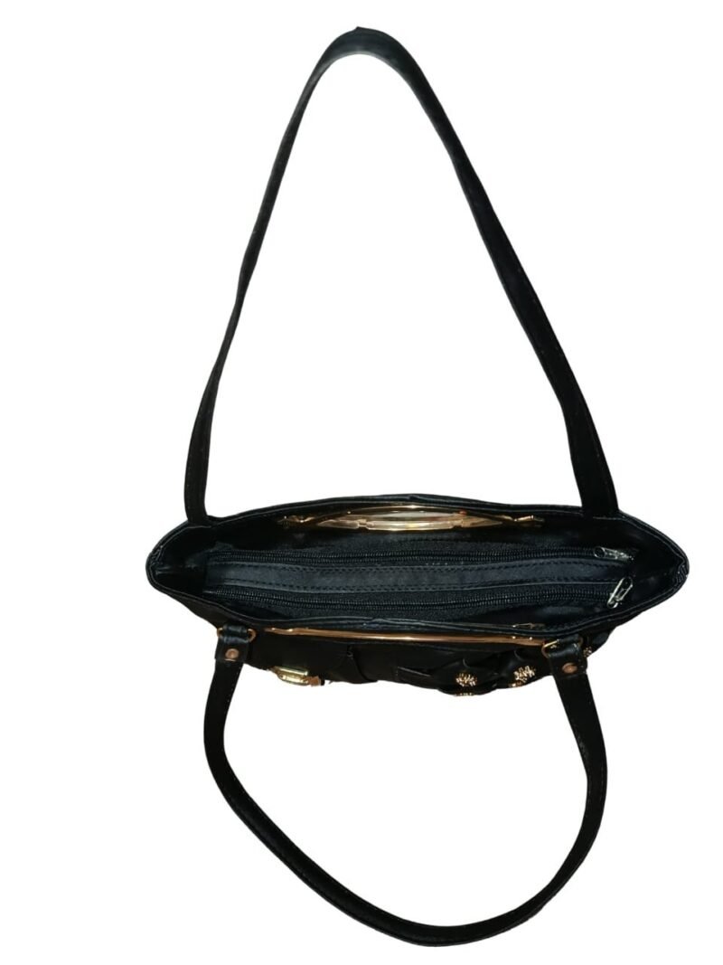 Black Designer Handbag for Women – Stylish Shoulder & Hand Carry Bag with Golden Detailing