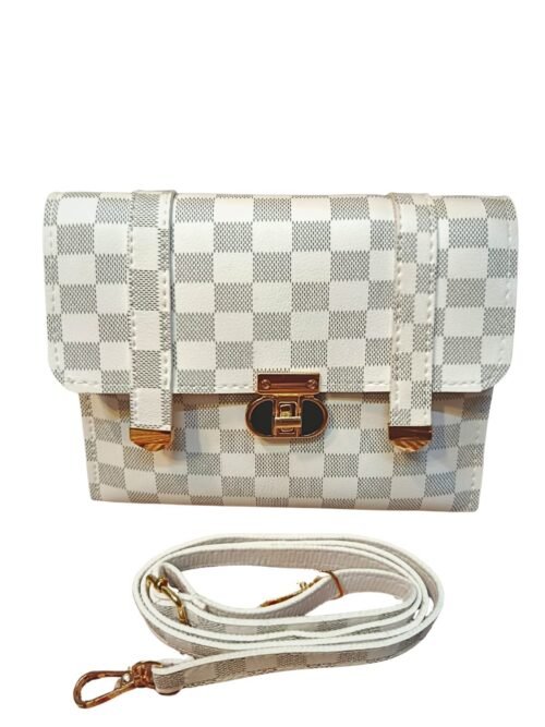 Checkered White Crossbody Bag for Women – 2 Compartment Shoulder Handbag with Gold Lock