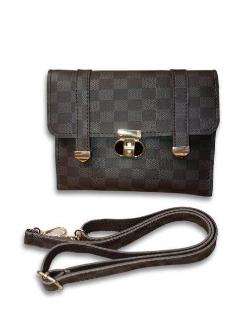 Checkered Brown Crossbody Bag for Women – 2 Compartment Shoulder Handbag with Gold Lock