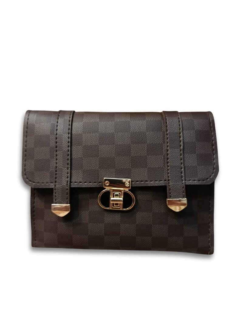 Checkered Brown Crossbody Bag for Women – 2 Compartment Shoulder Handbag with Gold Lock