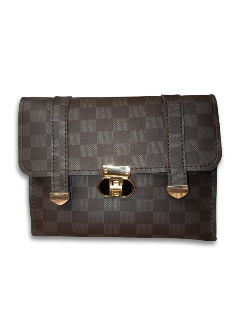 Checkered Brown Crossbody Bag for Women – 2 Compartment Shoulder Handbag with Gold Lock