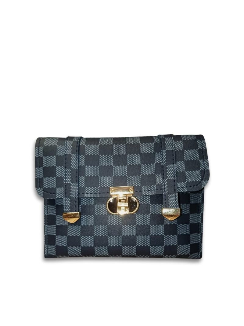 Checkered Grey Crossbody Bag for Women – 2 Compartment Shoulder Handbag with Gold Lock