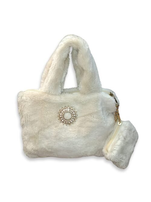 White Faux Fur Handbag for Women with Mini Pouch & Long Strap | Elegant Winter Soft Tote