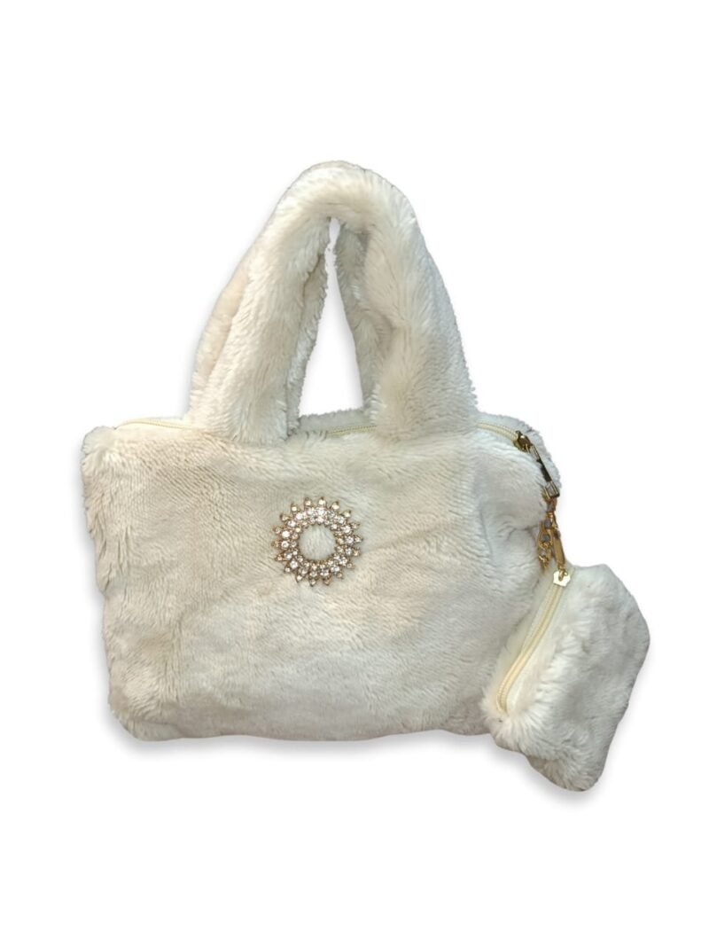White Faux Fur Handbag for Women with Mini Pouch & Long Strap | Elegant Winter Soft Tote