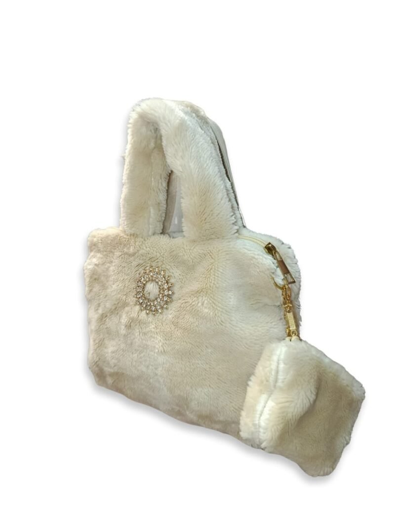 White Faux Fur Handbag for Women with Mini Pouch & Long Strap | Elegant Winter Soft Tote