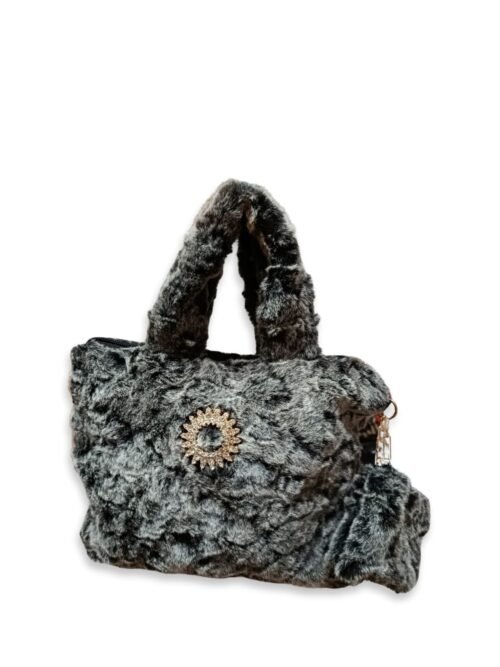 Grey Faux Fur Handbag for Women with Mini Pouch & Long Strap | Winter Soft Tote