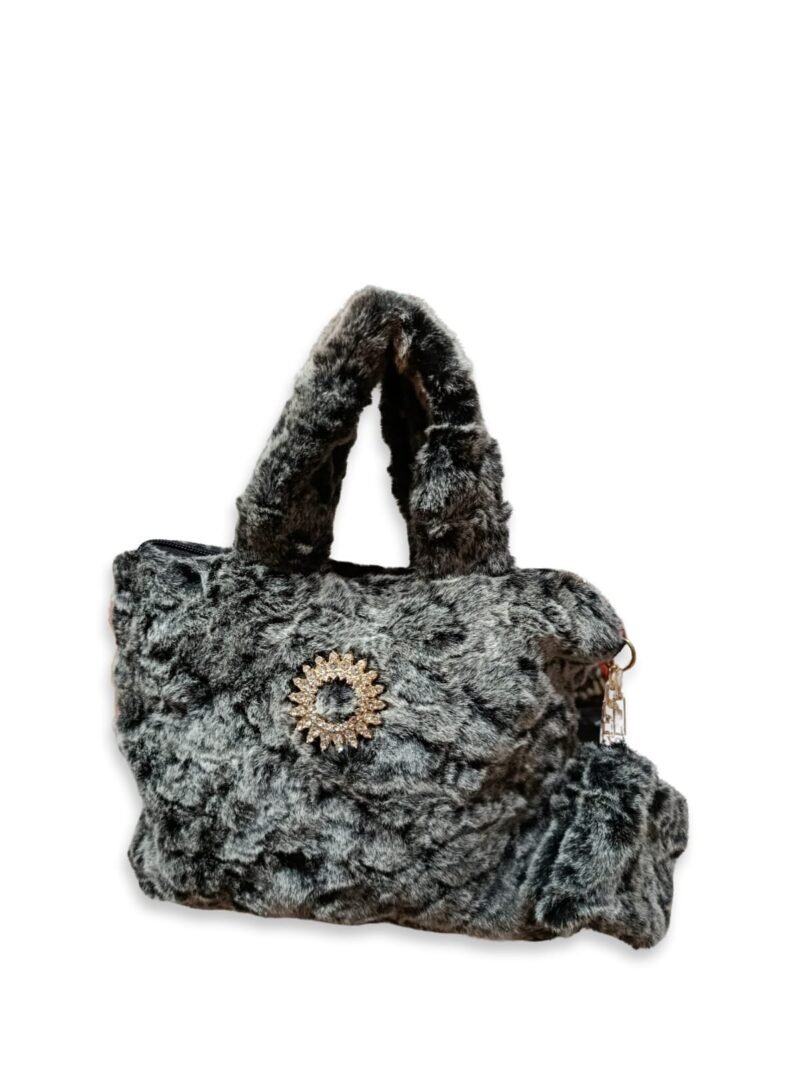 Grey Faux Fur Handbag for Women with Mini Pouch & Long Strap | Winter Soft Tote