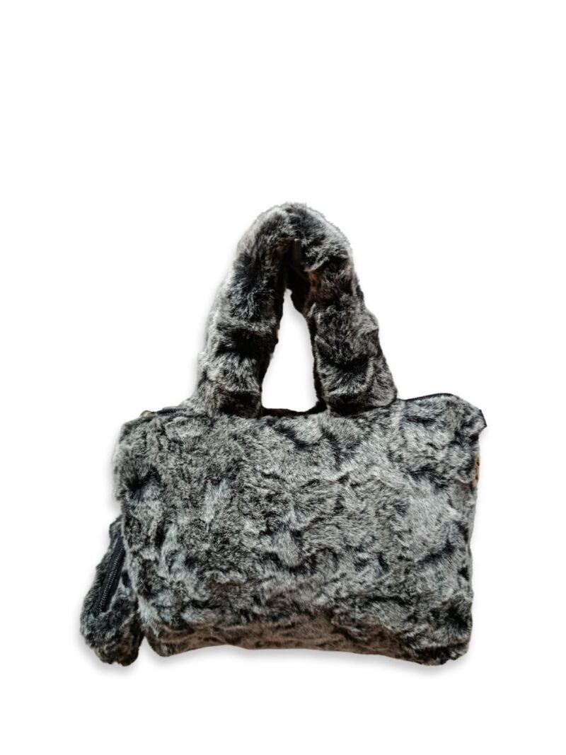 Grey Faux Fur Handbag for Women with Mini Pouch & Long Strap | Winter Soft Tote