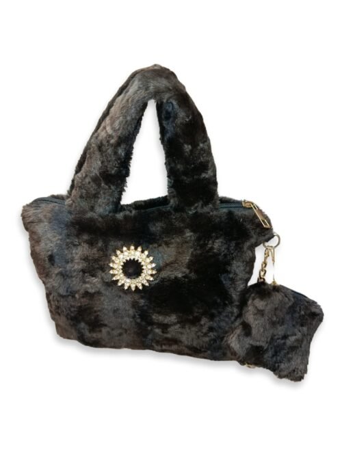 Brown Faux Fur Handbag for Women with Mini Pouch & Long Strap | Elegant Winter Soft Tote