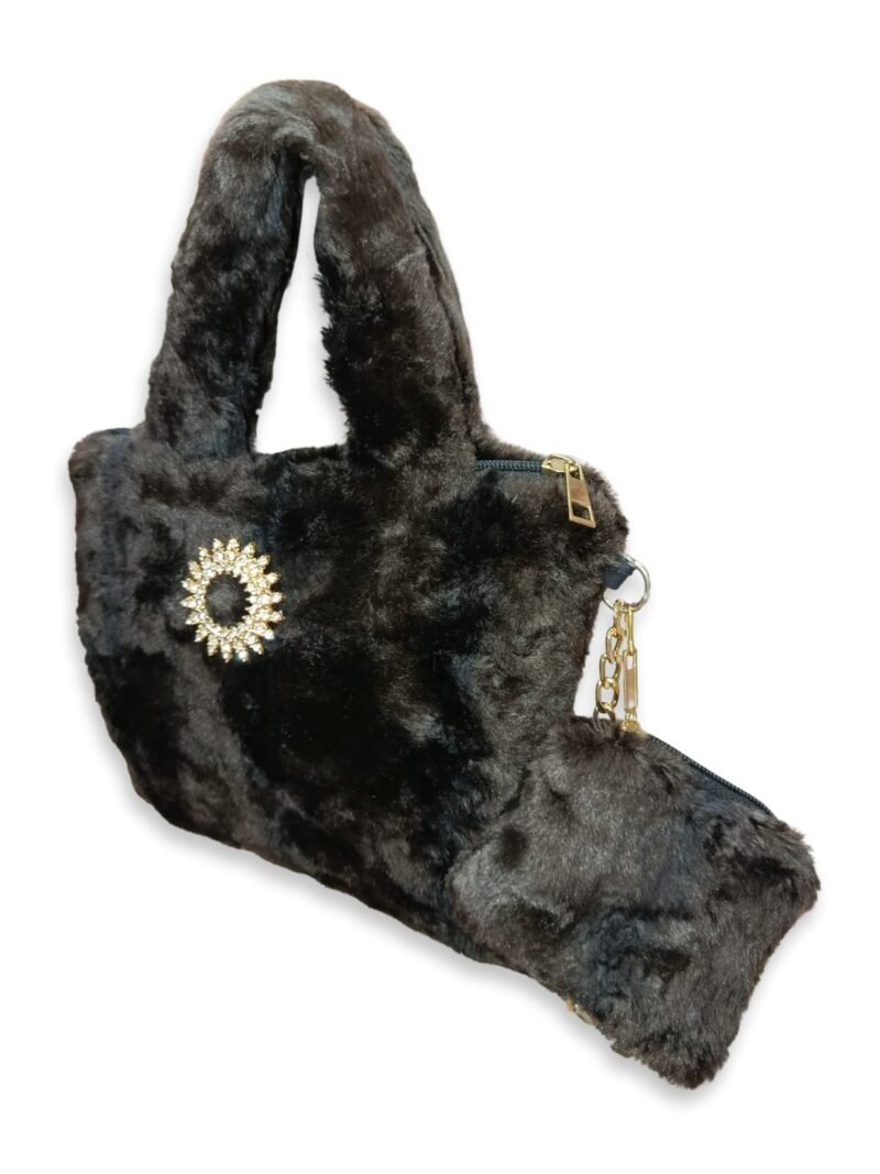 Brown Faux Fur Handbag for Women with Mini Pouch & Long Strap | Elegant Winter Soft Tote