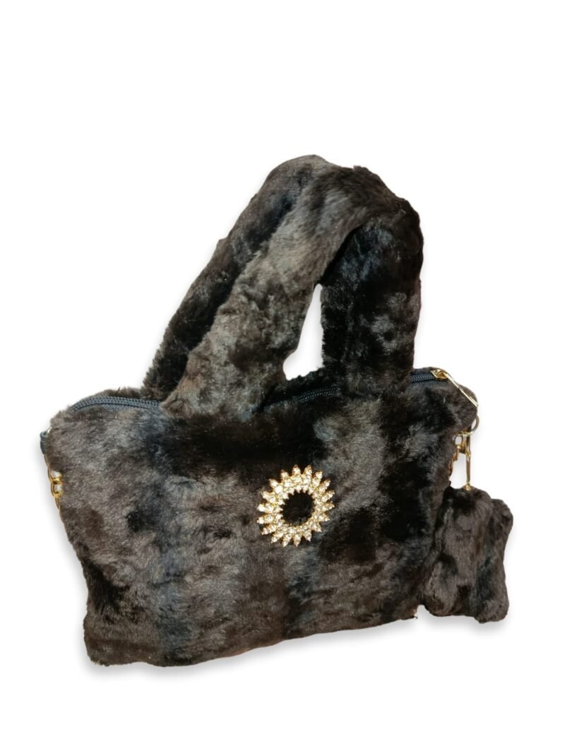 Brown Faux Fur Handbag for Women with Mini Pouch & Long Strap | Elegant Winter Soft Tote