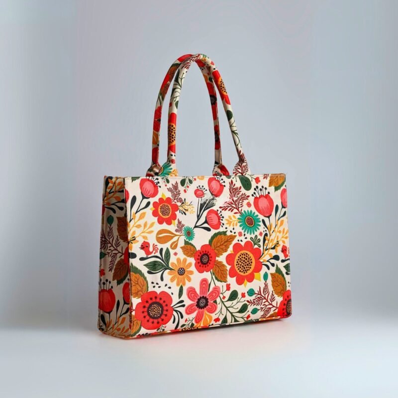 Bold White Multicolour Floral Pop Print- Trendy Printed Canvas Tote Bag – Stylish Everyday Carry Bag