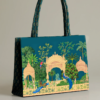 Elegant Teal Green Mughal Garden Print- Trendy Printed Canvas Tote Bag – Stylish Everyday Carry Bag