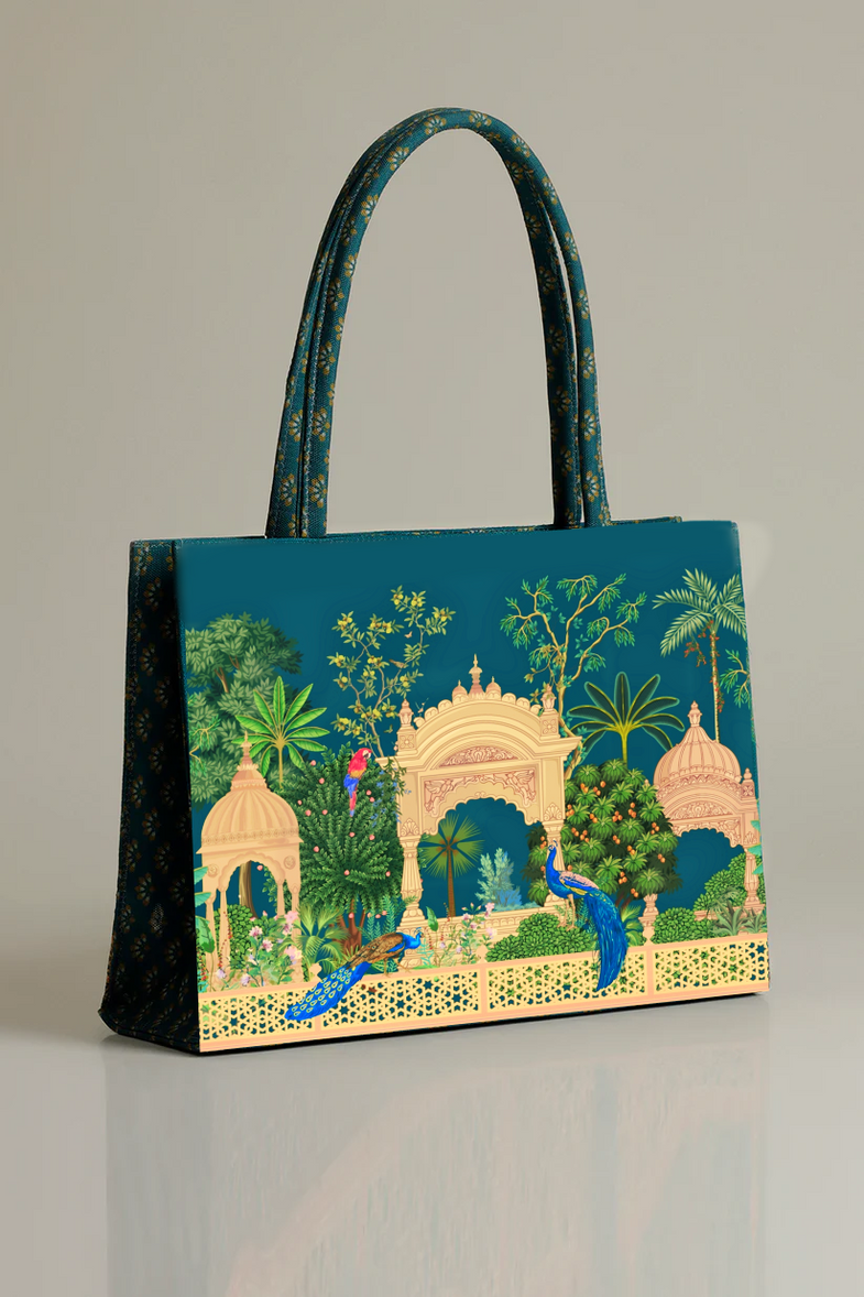 Elegant Teal Green Mughal Garden Print- Trendy Printed Canvas Tote Bag – Stylish Everyday Carry Bag