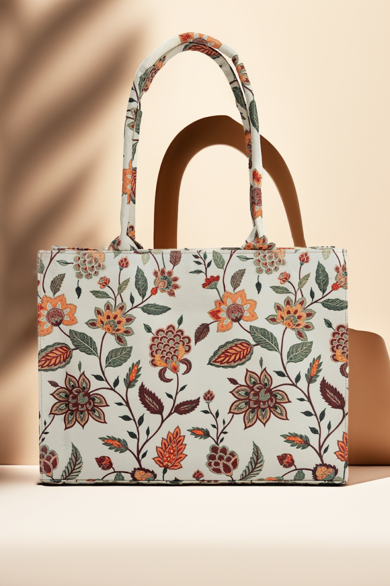 White Multicolour Floral Pop Print- Trendy Printed Canvas Tote Bag – Stylish Everyday Carry Bag