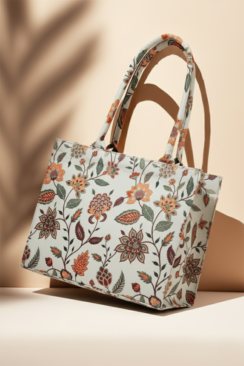 White Multicolour Floral Pop Print- Trendy Printed Canvas Tote Bag – Stylish Everyday Carry Bag