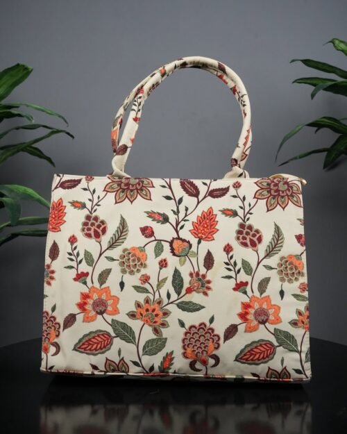 White Multicolour Floral Pop Print- Trendy Printed Canvas Tote Bag – Stylish Everyday Carry Bag