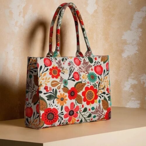 Bold White Multicolour Floral Pop Print- Trendy Printed Canvas Tote Bag – Stylish Everyday Carry Bag