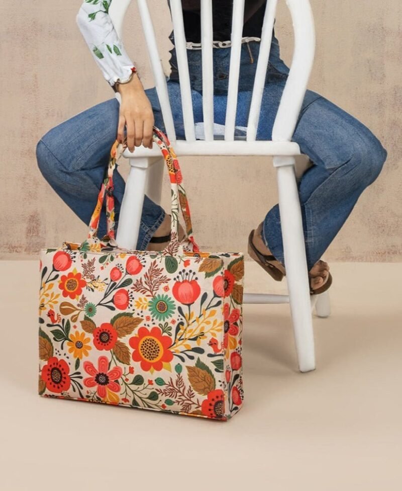 Bold White Multicolour Floral Pop Print- Trendy Printed Canvas Tote Bag – Stylish Everyday Carry Bag