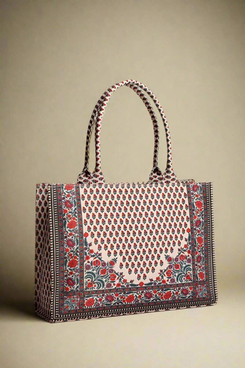 Classic Red & Beige Block Print Pattern- Trendy Printed Canvas Tote Bag – Stylish Everyday Carry Bag