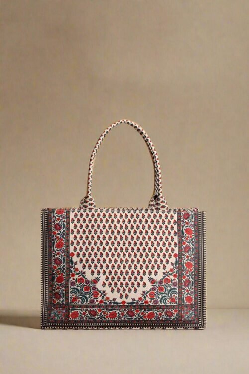 Classic Red & Beige Block Print Pattern- Trendy Printed Canvas Tote Bag – Stylish Everyday Carry Bag