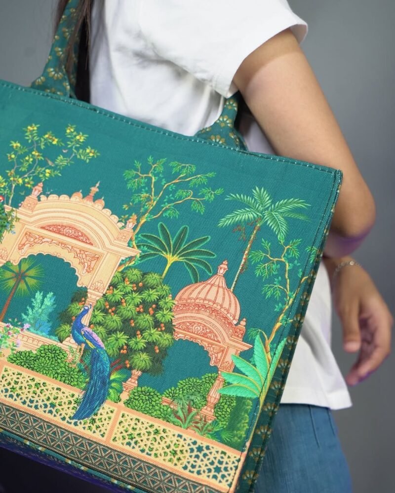 Elegant Teal Green Mughal Garden Print- Trendy Printed Canvas Tote Bag – Stylish Everyday Carry Bag