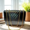 Chic Black Houndstooth Crossbody Bag with Gold Chain Strap for Women